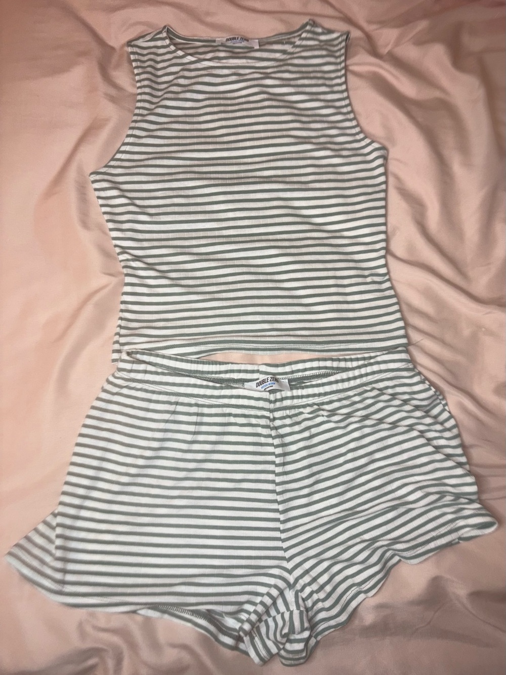 Double Zero Striped Tank Top and Shorts Set — Green and White
